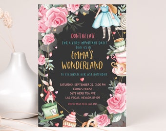 May include: Alice in Wonderland themed birthday party invitation with a black background, pink roses, gold glitter, and text that reads "Don't be late for a very important date! Join us in Emma's Wonderland to celebrate her 21st birthday."