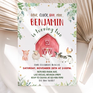 Farm Birthday Invitation Barn Animals Boy Girl Birthday Party Invite Red Barnyard Animals Greenery Floral Ranch Cow Pig Lamb EDITABLE BT18R