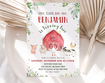 Invito di compleanno per bambini e bambine con animali da fattoria, invito per festa di compleanno con animali da cortile rossi, verde, floreale, ranch, mucca, maiale, agnello, modificabile BT18R