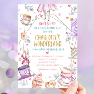 Alice in Wonderland Invitation Alice in Onederland Girl 1st Birthday Invite Mad Hatter Tea Party Purple Gold Floral EDITABLE Template BT11V