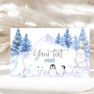 May include: A watercolor illustration of a winter scene with a polar bear, a seal, a fox, and two penguins. The background features a snowy mountain, blue pine trees, and snowflakes. The text "Your text here" is written in silver glitter.