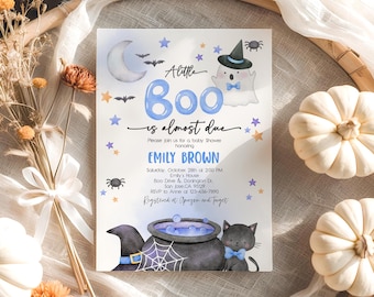 Halloween Baby Shower Invitation A Little Boo is Almost Due Invite Boy Spooky Blue Cute Ghost Fall Autumn Baby Shower EDITABLE BS30WB