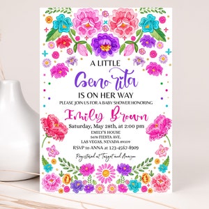 Fiesta babyshower uitnodiging kleine Senorita babyshower uitnodiging kleurrijke Mexicaanse bloemen woestijn bloemen cactus Cinco De Mayo BEWERKBARE BS15W