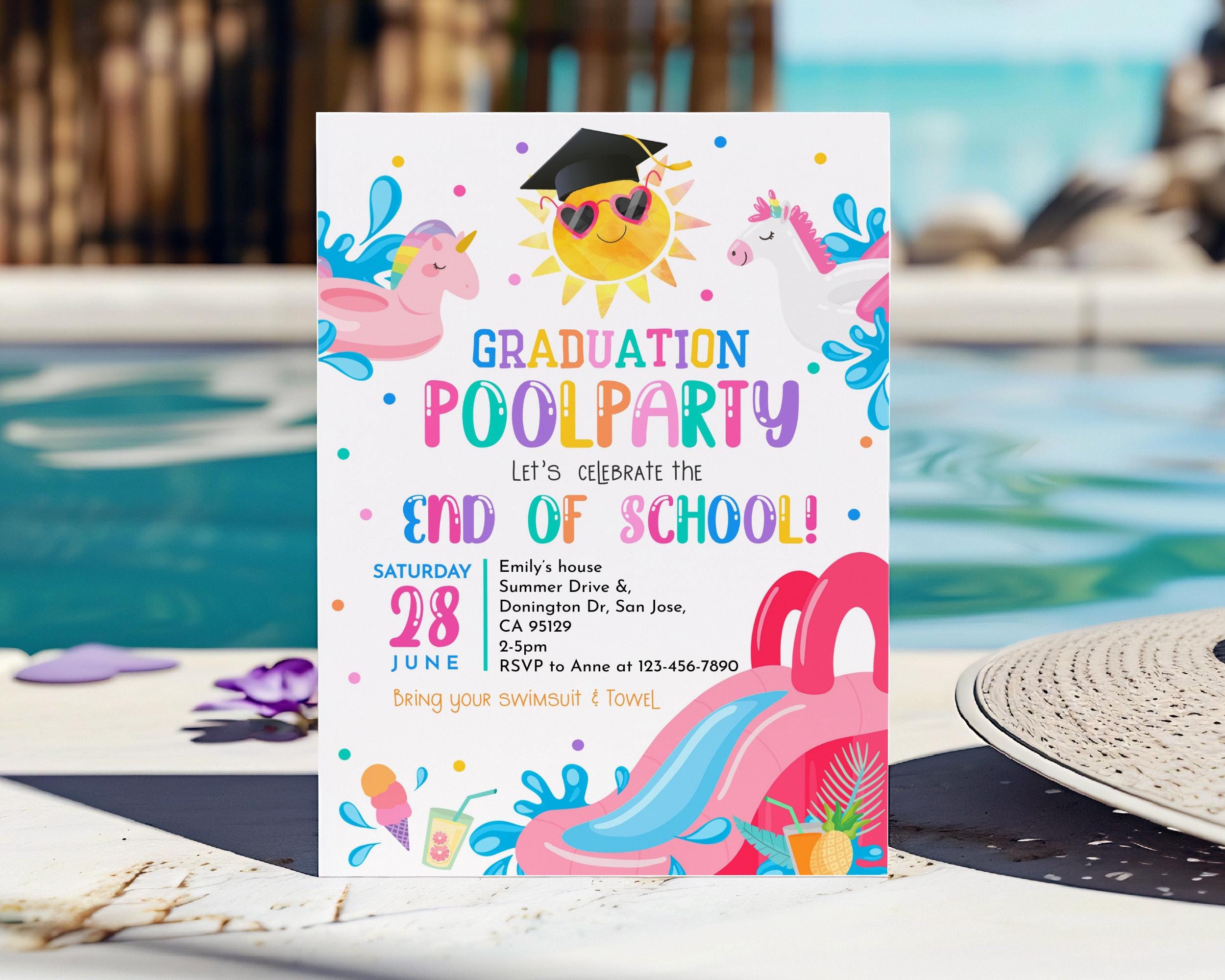 Graduation Pool Party Invitation End of School Year Waterslide Summer ...