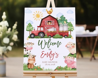Farm Baby Shower Welcome Sign Barn Animals Party Decor Red Barnyard Animals Greenery Floral Ranch Cow Pig Lamb Poster Porch EDITABLE BS62R