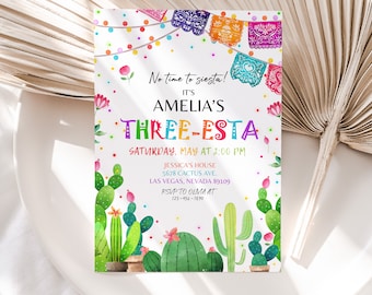 Three-Esta Fiesta Birthday Invitation Cinco De Mayo 3rd Birthday Party Invite Mexican Cactus Succulent Desert Flowers Floral EDITABLE BT54W