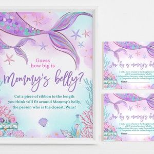 Mermaid Baby Shower Table Sign Guess How Big Mommy&#39;s Belly Is Game Under The Sea Party Decor Girl Princess Purple Teal Gold EDITABLE BS37V