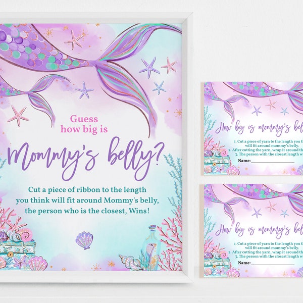 Mermaid How Big Is Mommy's Belly Game Sign Whimsical Under The Sea Baby Shower Ticket Little Girl Purple Pink Teal EDITABLE Template BS37