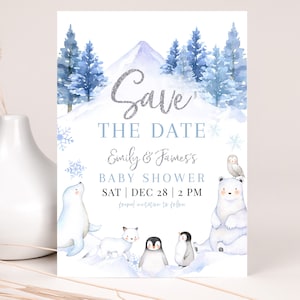 Winter Wunderland Save The Date Karte Junge Mädchen Baby Shower Party Decor Eisbär Gender Neutral Wald Tiere Printable BS06B