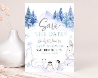 May include: Save the Date for Emily & James's baby shower on Saturday, 28th December at 2 PM. The invitation features a winter wonderland scene with a mountain, trees, snowflakes, and adorable animals like a polar bear, owl, seal, and penguins.