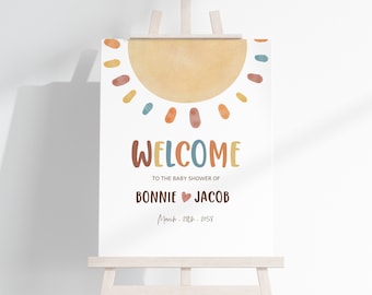 Sunshine Baby Shower Willkommensschild Ein kleiner Sonnenstrahl Poster Boho Sun Gender Neutral Party Vorgarten Veranda Zeichen EDITIERBARE Vorlage BS25