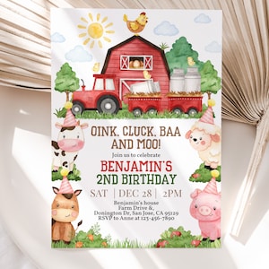Farm Birthday Invitation Barn Animals Boy Girl Birthday Party Invite Red Barnyard Animals Greenery Floral Ranch Cow Pig Lamb EDITABLE AT12R