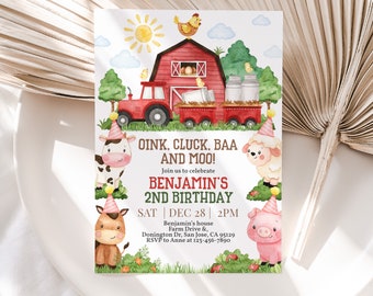 Può includere: Un fienile rosso con un trattore rosso di fronte. Ci sono animali da fattoria intorno al fienile, tra cui una mucca, una pecora, un maiale e un cavallo. Il testo sull'invito recita: "OINK, CLUCK, BAA AND MOO! Join us to celebrate BENJAMIN'S 2ND BIRTHDAY SAT DEC 28 | 2PM Benjamin's house Farm Drive &, Donington Dr, San Jose, CA 95129 RSVP to Anne at 123-456-7890".