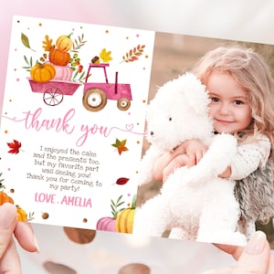 Wenig Kürbis-LKW-Foto Danke Karte Mädchen 1.Geburtstags-Party Danke Hinweis-Karte Herbst Herbst Rosa Kürbis Patch Blätter EDITIERBAR BT26P