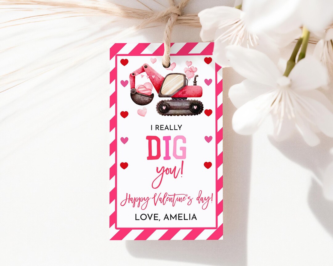 Kids Construction Valentine Tag I Really Dig You Pink Digger Valentines ...