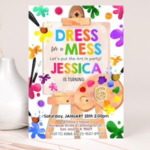 Art Birthday Invitation Painting Party Girl 1st Birthday Invite Watercolor Colorful Rainbow Paint Party Craft Artist Brushes EDITABLE AT11P