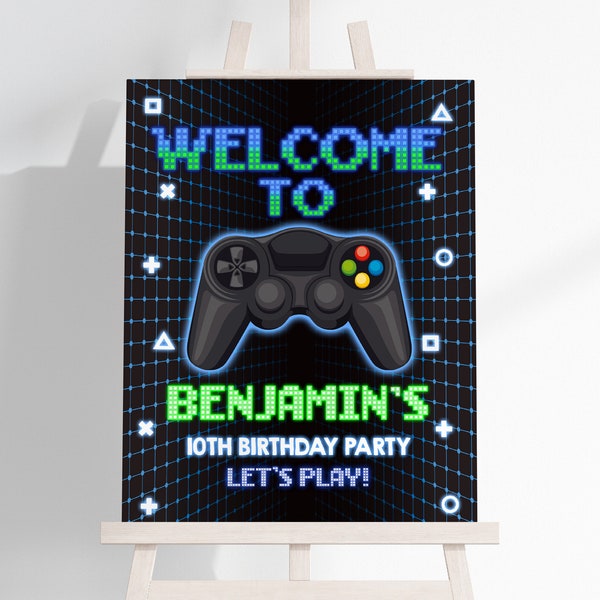 Video Game Welcome Sign Birthday Party Poster Pixel Arcade Porch Sign Boy Level Up Play Front Door Yard Printable EDITABLE Template BT71