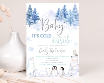 Baby Its Cold Outside Invitation, Winter Wonderland, Polar Bear Invite, Arctic Animals, Blue Silver Snowflake Forest Woodland EDITABLE BS06B