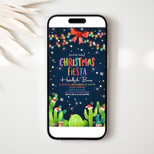 クリスマスフィエスタ招待状 メキシカンカクタス クリスマスパーティー デジタル招待状 冬のホリデー フェリス・ナビダッド モバイル電子テキスト招待状 編集可能 HL20