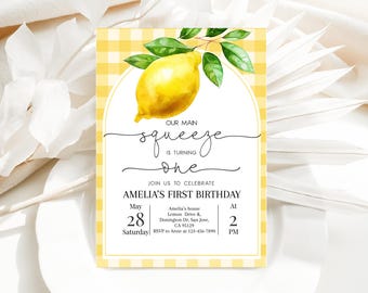 Lemon Birthday Invitation Our Main Squeeze 1st Birthday Invite Lemonade and Fun Citrus Floral Sunshine Summer Yellow Gingham EDITABLE AT78Y