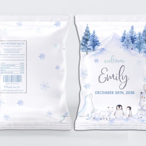 Winter Onederland Chip Bag Template Wunderland Baby Shower Snack Bag Junge Mädchen Geburtstag Gastgeschenke Eisbär Tiere Printable BS06B BT46B