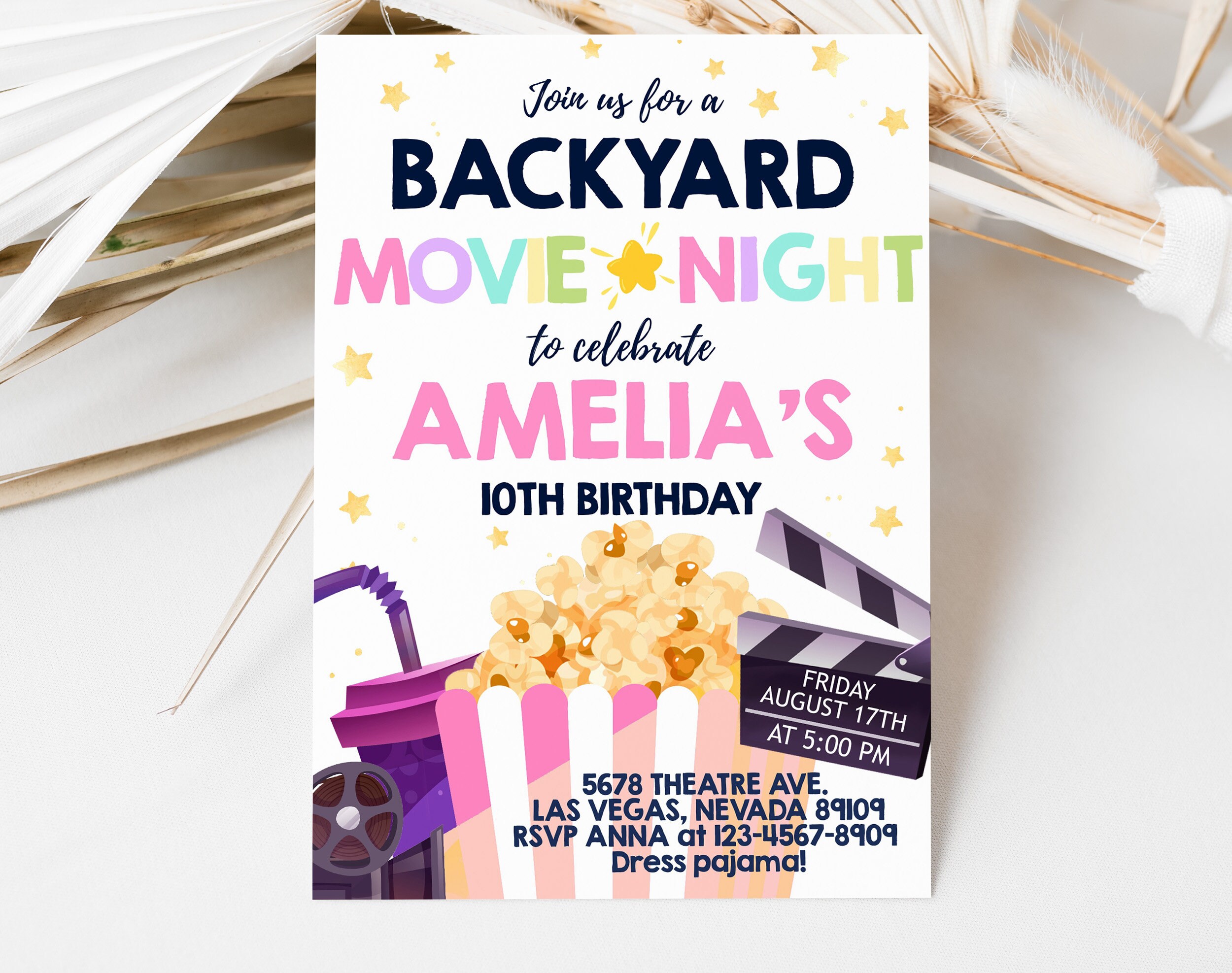 Backyard Movie Night Birthday Invitation Under the Stars Invite Girls ...