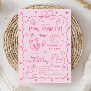 Pink Pool Party Invitation, Girls Summer Birthday Invite, Doodle Beach Design, Teen Girl Any Age, Coquette Hand Drawn Bow EDITABLE CT15P image 3