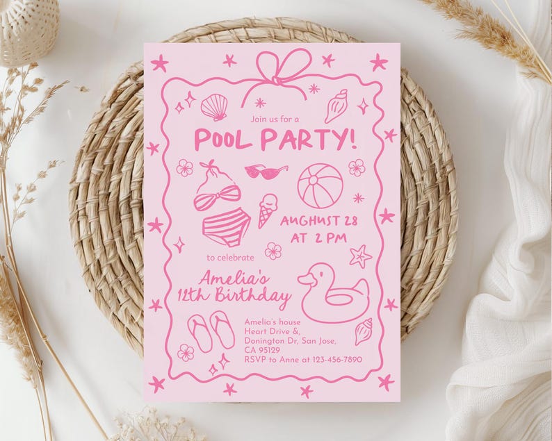 Pink Pool Party Invitation, Girls Summer Birthday Invite, Doodle Beach Design, Teen Girl Any Age, Coquette Hand Drawn Bow EDITABLE CT15P image 3