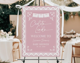 Cielito Lindo Welcome Sign Pink Mexican Talavera Baby Shower Party Decor Papel Picado Poster Girl Baby Sprinkle Brunch Porch EDITABLE AS42P
