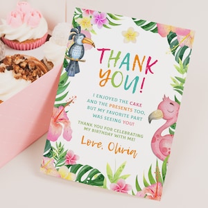 Tarjeta de agradecimiento de cumpleaños con flamencos, Aloha Luau, para niña, fiesta de verano tropical hawaiana, flores rosas y verdes imprimibles BT47P
