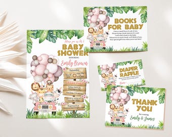 Puede incluir: Un conjunto de invitaciones y tarjetas para baby shower con temática de safari. La invitación principal presenta un jeep rosa que transporta animales y globos. Las tarjetas adicionales incluyen "Libros para bebé", "Rifa de pañales" y tarjetas de agradecimiento, todas con diseños coordinados.