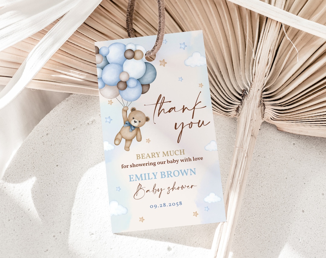 Teddy Bear Favor Tags Boy Baby Shower Gift Tags Blue Pampas Grass ...