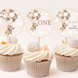 Adornos para cupcakes de cumpleaños con forma de osito de peluche, para niño y niña, primer recuerdo de fiesta, globos aerostáticos bohemios beige, etiquetas para postres, decoración, plantilla editable BT81E