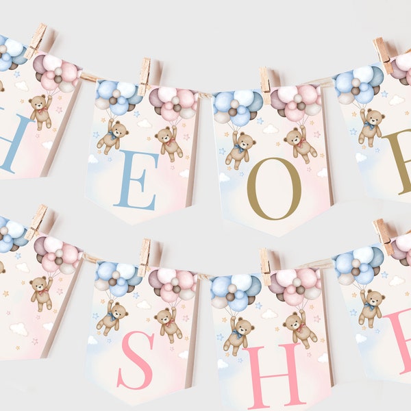 EDITABLE Teddy Bear Banner Boho Baby Shower Garland He or She Boy or Girl Gender Reveal Party Decor Pink Balloons Blue Pampas Grass BS21M