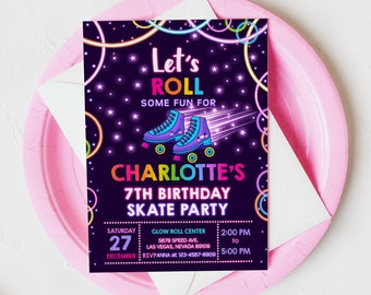 Roller Skating Invitation Birthday Party Skate Invite Neon Glow Boy Girl Arcade Gloss Laser Sport EDITABLE Template Instant Download BT39
