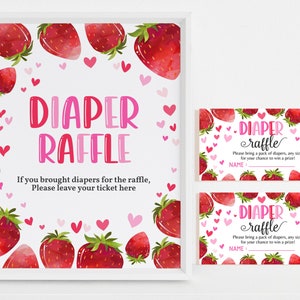 Strawberry Baby Shower Table Sign Diaper Raffle Ticket Berry Sweet Girl Gender Neutral Party Summer Fruit Pink Red Citrus Printable BS16P
