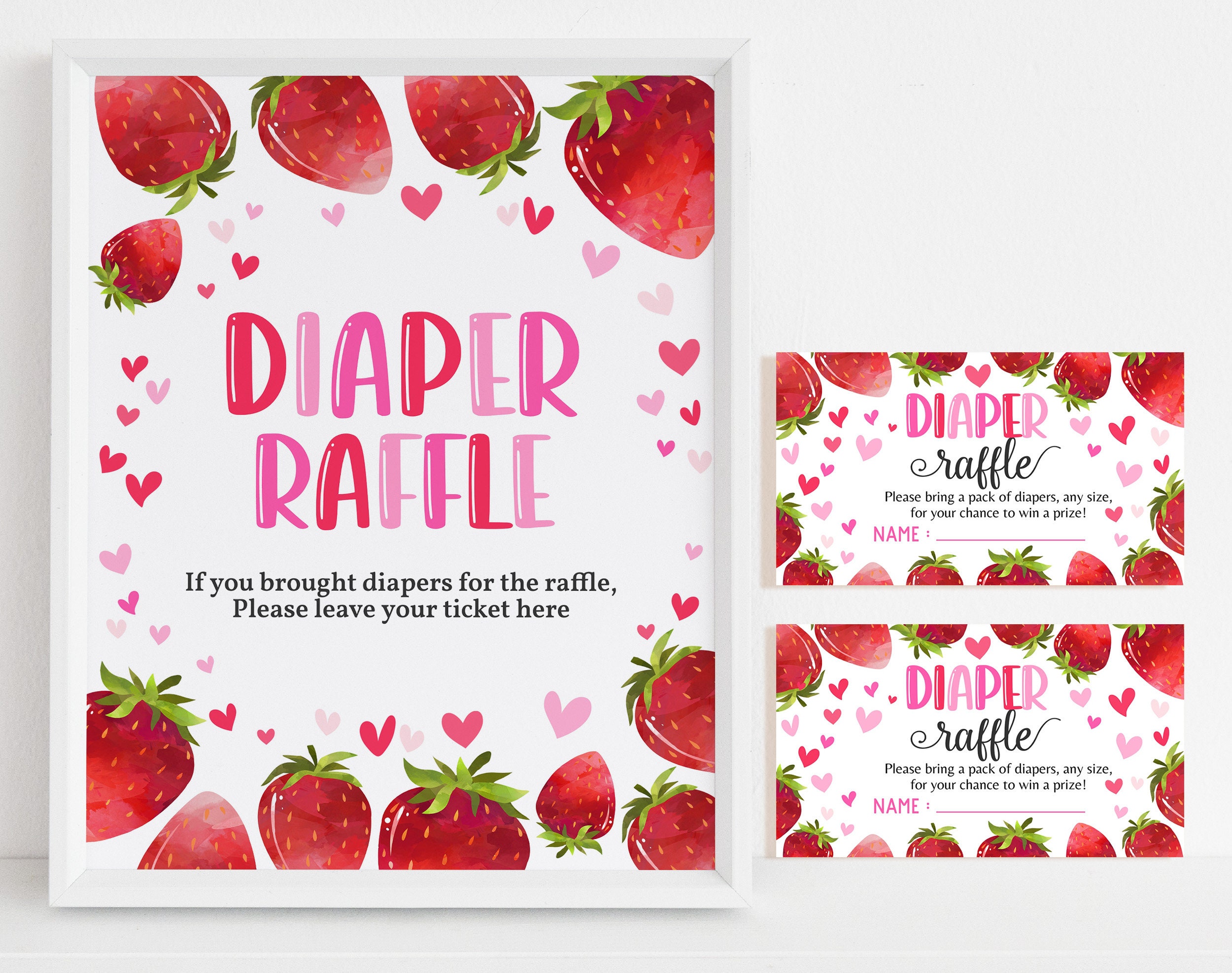 51-Pc Strawberry Diaper Raffle Game Kit - Pink Baby Shower Game With Tickets & Box