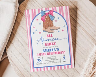 4th of July Birthday Invitation All American Girly Patriotic Birthday Invite Cowgirl Boots Bow Party Red White and Pink Stars EDITABLE AT87P