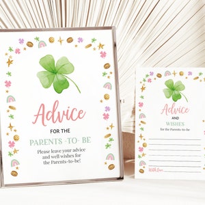 Scheda di consiglio per il giorno di San Patrizio, portafortuna, bambina, giochi per baby shower, piccolo trifoglio, arcobaleno, verde, oro, genitori, futura mamma, MODIFICABILE BS49P