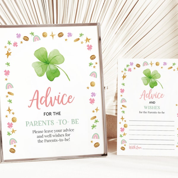 St Patricks Day Advice Card Sign Lucky Charm Girl Baby Shower Games Little Shamrock Rainbow Green Gold Parents Mom-to-be EDITABLE BS49