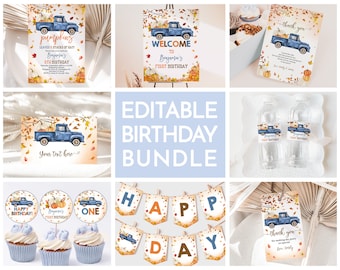 Può includere: Set di decorazioni per feste di compleanno a tema autunnale editabili e stampabili con un camioncino blu con zucche e foglie autunnali. Include un cartello di benvenuto, etichette di ringraziamento, topper per cupcake, etichette per bottiglie d'acqua e uno striscione che dice "Buon compleanno".
