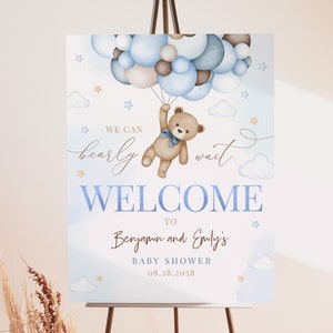 Teddy Bear Baby Shower Welcome Sign Tan Brown Blue Bear Poster We Can Bearly Wait Boho Balloons Party Yard Sign EDITABLE Template BS21B