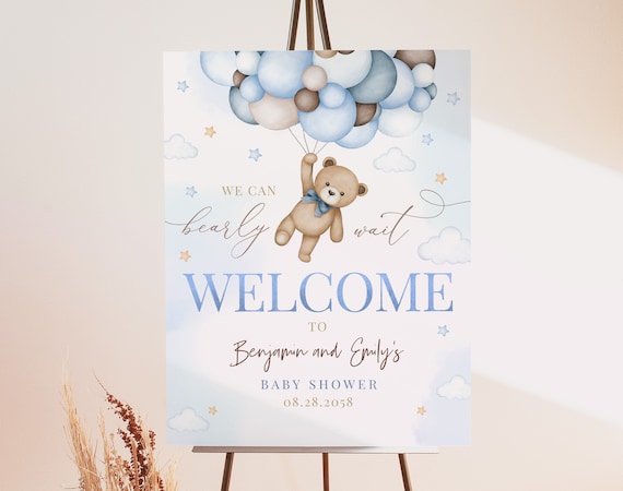 Teddy Bear Welcome Sign We Can Bearly Wait Boy Baby Shower Party Decor Blue Pampas Grass Poster Boho Hot Air Balloons Porch EDITABLE BS21B