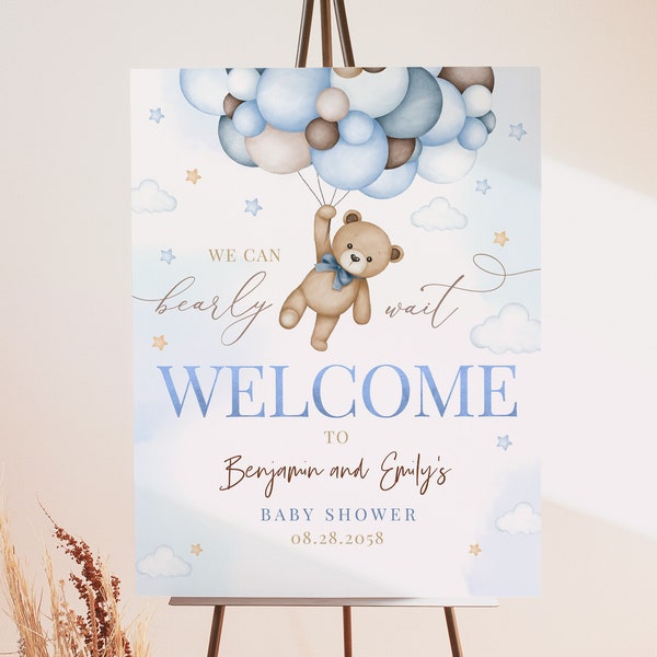 Teddy Bear Baby Shower Welcome Sign Tan Brown Blue Bear Poster We Can Bearly Wait Boho Balloons Party Yard Sign EDITABLE Template BS21B