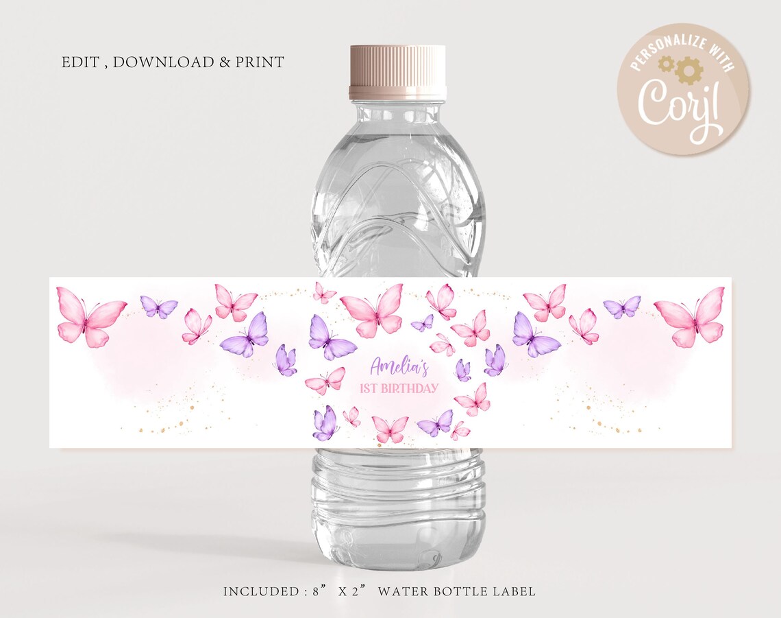 Pink Butterfly Label Butterfly Birthday Water Bottle Label Girl 1st Birthday Decor Pink ...