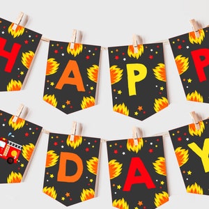 Firetruck Birthday Banner Boy First Birthday Party Decor Fireman Firefighter Bunting Flag Fire Truck Fire Department Garland EDITABLE BT02K