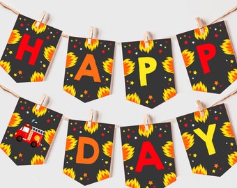 Firetruck Birthday Banner Boy First Birthday Party Decor Fireman Firefighter Bunting Flag Fire Truck Fire Department Garland EDITABLE BT02K
