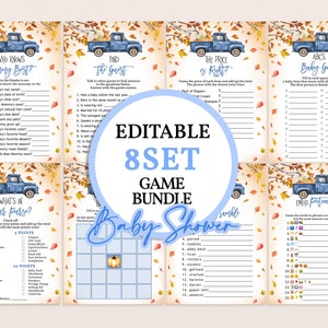 May include: Editable 8-piece baby shower game bundle featuring a blue truck with pumpkins and fall leaves. The games include "Who Knows Mommy Best?", "Find the Guest", "The Price is Right", "ABCs Baby Game", "What's in Your Purse?", "Baby Bingo", "Word Scramble", and "Emoji Fortune Teller".