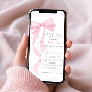 Pink Bow Birthday Evite Coquette Girl 1st Digital Invitation Soft Pastel Pink Ribbon Mobile Phone Electronic Text Invite EDITABLE AT63P