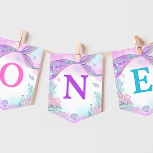 Mermaid High Chair Banner Girl 1st Birthday Party Decor Under The Sea Garland Princess Magical Purple Teal Gold Mermaid Tail Printable BT48V
